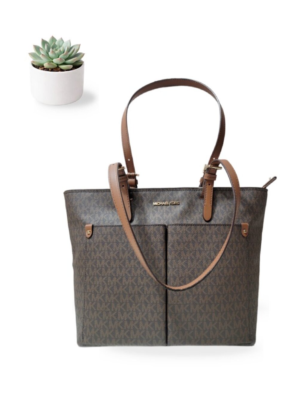 Michael Kors Jet Set Medium Logo Pocket Tote Brown MK Signature Canvas Purse